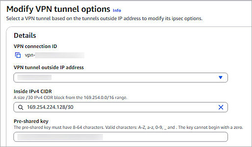 Screenshot of AWS, Modify VPN Tunnel Options page